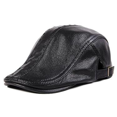 Imagem de uhyOHF Chapéu masculino de jornaleiro de couro liso boné de jornaleiro para outono inverno dirigindo golfe boné de taxista (preto-GG