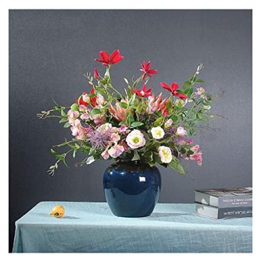 Imagem de LMJYU Flores artificiais dentro de casa com vaso de cerâmica, flores falsas de seda em vaso, arranjos de flores para casamento, escritório, mesa, festa planta artificial