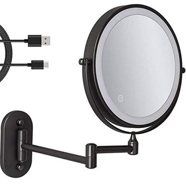 Imagem de YYBOES Espelho de maquiagem de 20 cm preto recarregável por USB dupla face com luzes LED de 3 tons, espelho de banheiro com ampliação de 1x/5x para barbear controle de toque extensível do braço 1X/5X