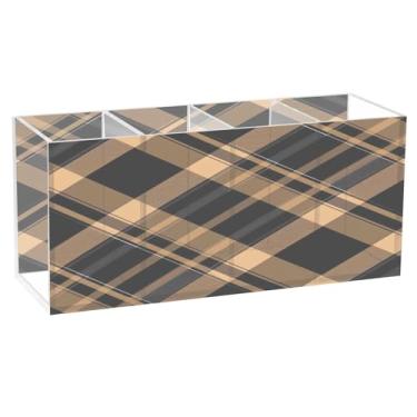 Imagem de Qilmy Porta-canetas de acrílico xadrez buffalo, preto, marrom, 3 compartimentos, porta-lápis transparente para mesa, organizador de pincéis de maquiagem, copo organizador de lápis para material