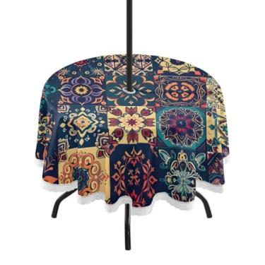 Imagem de CEBUGI Toalha de mesa redonda para uso externo, estampa floral, impermeável, com furo Umberlla, capa de mesa lavável para pátio, cozinha, sala de jantar, 152 cm