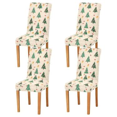Imagem de Wassud Capas de cadeira de árvore de Natal com desenho animado para jantar capa de cadeira elástica capa de cozinha lavável conjunto de 4