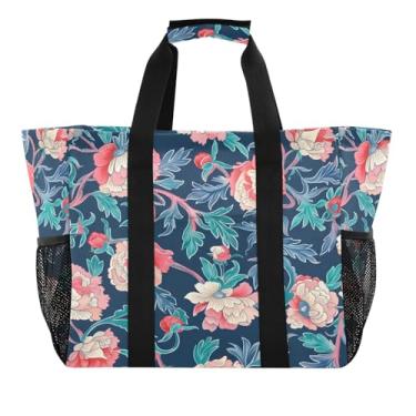 Imagem de Wassud Sacolas reutilizáveis de mercearia floral grande bolsa organizadora de lona impermeável para praia, piquenique, lavanderia, viagem