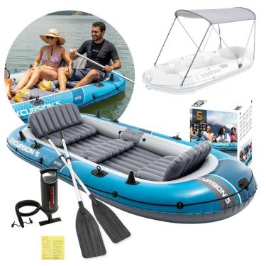 Imagem de Bote Inflável Barco Excursion 5 Pessoas Azul com Capota Remos e Bomba Intex