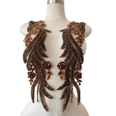 Imagem de Jpumley.pksn Apliques de renda de strass feitos à mão costurados em miçangas para acessórios de roupas de vestido 1 par/bolsa 14 x 20 cm (marrom)