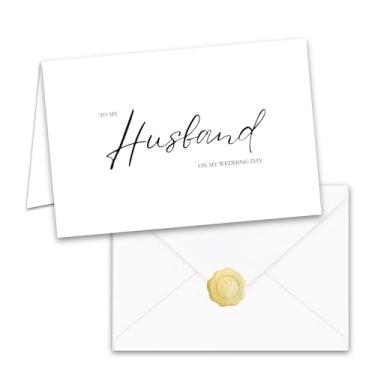 Imagem de Cartão de relacionamento do dia do casamento, dentro em branco com envelope branco e selo de folha dourada (marido)