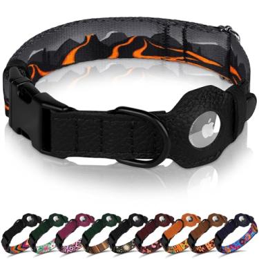 Imagem de Coleira para cães AirTag com fivela de metal - Coleira de couro macio de nylon impresso com suporte Apple AirTag - Coleiras de rastreamento seguro para animais de estimação para meninas e meninos