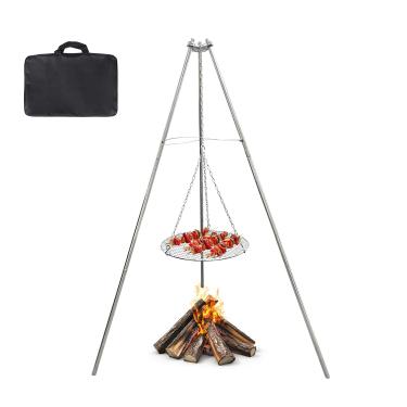 Imagem de YBTMG Panela de tripé para fogueira, churrasqueira de aço inoxidável com grelha redonda e bolsa de transporte para cozinhar, acampar, churrasco