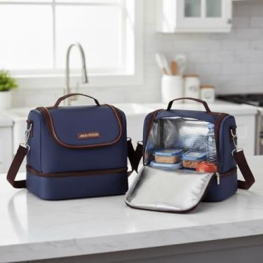Imagem de Bolsa Térmica com 2 Compartimentos com Alça Transversal Para Lancheira e Salgadinhos Leve para Academia Fitness Escritorio Almoço Primum (Azul C/Marrom)