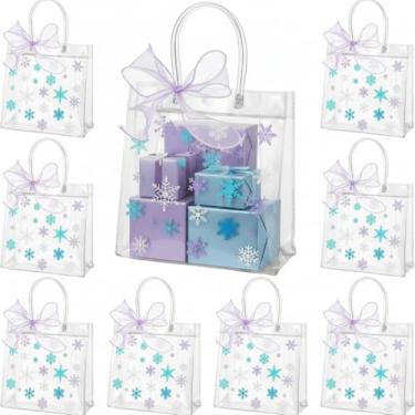 Imagem de Henoyso 24 sacos de presente transparentes de floco de neve, PVC, Natal, inverno, festas, lembrancinhas, sacolas de plástico para doces com alças e fita, 19 x 19 x 8 cm (roxo, azul, branco, flocos de