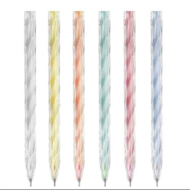 Imagem de 6 Caneta Gel Tris Spin Fresh 0,6 mm – Kit 6 Unidades Cores Pastel Design Espiral Escrita Folha Preta e Branca Premium