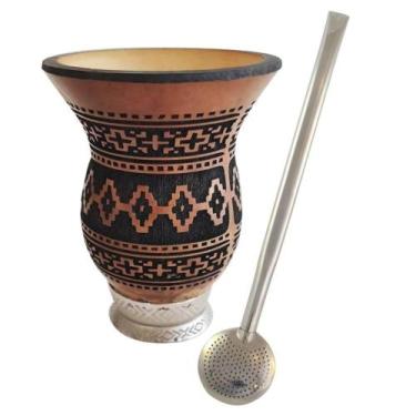 Imagem de Kit Cuia de Porongo Natural com Pé e Bomba Inox Lisa 21cm para Chimarr