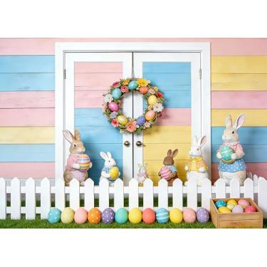 Imagem de DePhoto Pano de fundo de Páscoa colorido de 1,8 x 1,8 m com guirlanda de ovo de coelho, fundo de cerca branca, para decoração de festa de aniversário de bebê com tema de primavera