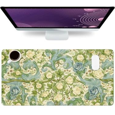 Imagem de Tapete de mesa floral, elegante rosa branca grande mouse pad para desktop, almofada de mesa à prova d'água de couro PU, antiderrapante, protetor de computador, laptop, mouse pads para jogos para