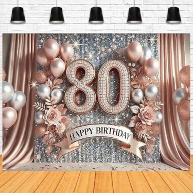 Imagem de Pano de fundo fotográfico vibrante para celebração de aniversário de 80 anos de idade diamante brilhante 80 anos de idade pano de fundo floral rosa e dourado elegante para decoração de festa de