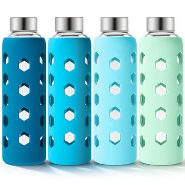 Imagem de Mrsdry Garrafas de suco de vidro com tampas e mangas de silicone 510 g, pacote com 4 garrafas de água de vidro transparente reutilizáveis com tampa hermética de aço inoxidável para sucos, geladeira