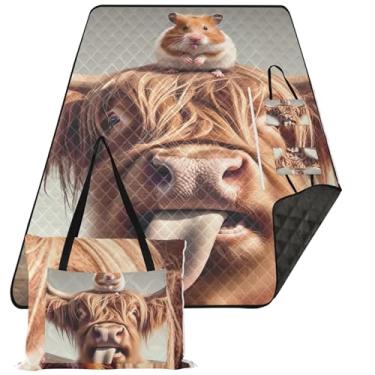 Imagem de TSENQUE Lindo cobertor de praia de hamster de vaca Highland impermeável à prova de areia para tapete de grama cobertores de piquenique dobráveis grande 203 x 152 cm