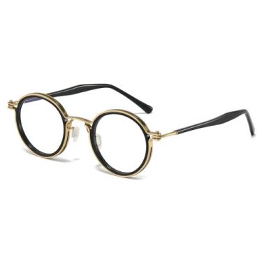 Imagem de JOLLYNOVA Tate Armação retrô de acetato de titânio, óculos redondos de luxo com lentes de luz azul 48-24-148 mm, Preto, dourado, 44mm