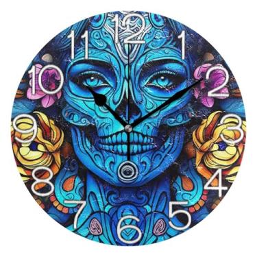 Imagem de GAIGEO Relógio de parede analógico decorativo relógio de cozinha bonito operado a bateria, retrô moderno art deco decoração de parede azul mulher crânio arte legal, 25 cm, ponteiros dourados