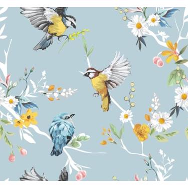 Imagem de Livelynine 17,5 x 276 papel de parede floral de pássaro azul claro ouro branco flor voando pássaro do paraíso papel de parede pré-colado para banheiro crianças cozinha papel de contato autoadesivo
