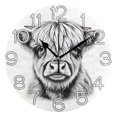 Imagem de GAIGEO Relógio de parede analógico decorativo relógio de cozinha rústico redondo sem tique-taque silencioso, decoração de parede retrô moderna art déco, linda vaca Highland preto branco, 25 cm