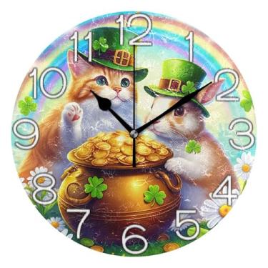 Imagem de Relógio de parede decorativo analógico operado por bateria relógio de quarto cozinha, sala de estar decoração de parede moderna colorido gato de São Patrício coelho margarida, 25 cm, ponteiros pretos