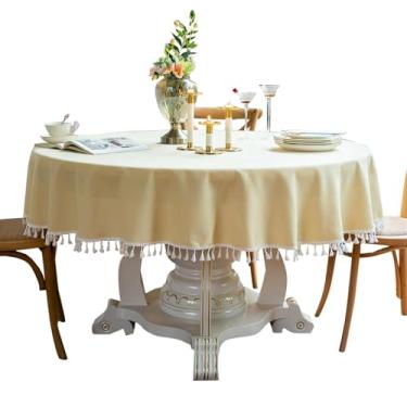 Imagem de Qubjus Elegante toalha de mesa redonda de algodão e linho com franjas e borlas texturizadas para casamento, festa, jantar e decoração de casa (redonda 122 cm, amarelo)