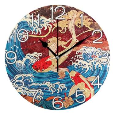 Imagem de GAIGEO Relógio de parede analógico decorativo operado por bateria silencioso relógio de cozinha rústico, decoração de parede de sala de estar moderna, arte japonesa de peixe koi oceano, 25 cm