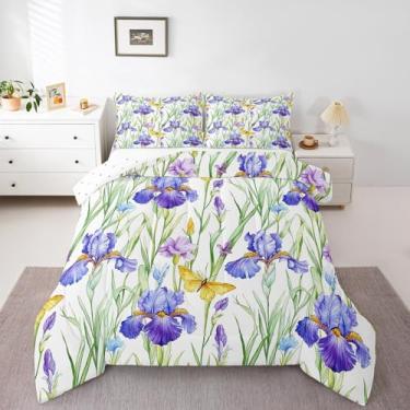 Imagem de jejeloiu Conjunto de edredom casal com flores de íris desabrochando, conjunto de edredom floral com borboleta, floral, floral, floral, botânico, 3 peças