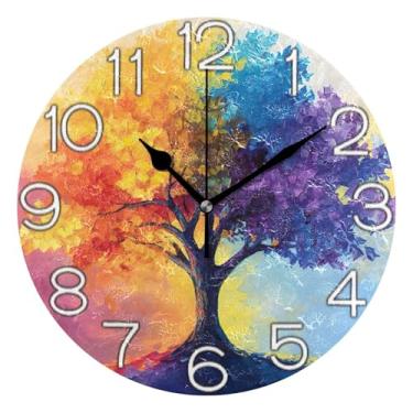 Imagem de Relógio de parede analógico decorativo operado por bateria, relógio de escritório para sala de aula, decoração de parede retrô moderna art déco, brilho de árvore arco-íris colorido, 25 cm, ponteiros