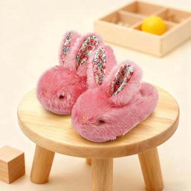 Imagem de Pantufas infantis infantis para meninos e meninas, sapatos de casa de coelho, antiderrapante, quente, macio, para inverno, felpudo, para uso interno, rosa, Rosa, 18-19