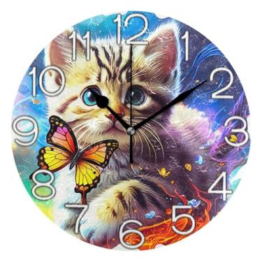 Imagem de GAIGEO Relógio de parede decorativo analógico operado por bateria silencioso relógio de cozinha fofo, decoração de parede de meados do século sala de estar, borboleta gato gatinho colorido, 25 cm