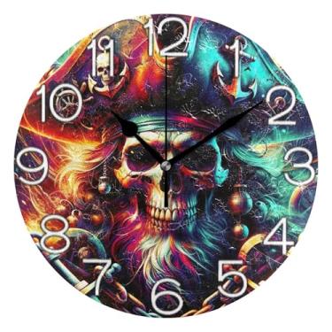 Imagem de GAIGEO Relógio de parede analógico decorativo operado por bateria relógio de sala de aula, decoração de parede de meados do século, sala de estar, capitão de caveira legal, 25 cm, ponteiros dourados