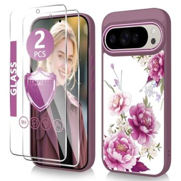 Imagem de Govmeie Capa para Google Pixel 9 Pro XL com protetor de tela de vidro temperado fino TPU e capa rígida de policarbonato para celular, design de padrão floral cristalino para meninas e mulheres