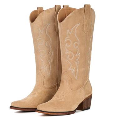 Imagem de IUV Botas de cowboy femininas Western Cowgirl, cano médio, bico curto, salto grosso, Camurça de damasco, 37