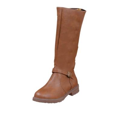 Imagem de Bota feminina longa reta cano alto inverno casual bico redondo zíper lateral salto baixo bloco, Marrom, 38