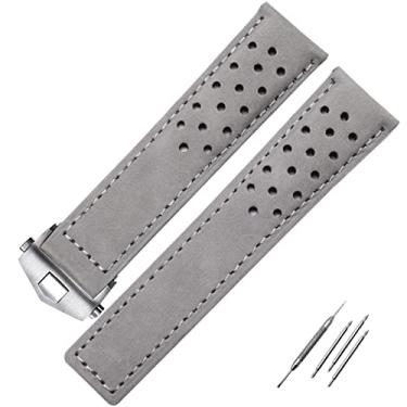 Imagem de ONECMN Pulseira de relógio com fivela dobrável pulseira de couro genuíno para tag heuer relógio 20mm 22mm cinza preto marrom vaca pulseira de couro (cor: cinza prata, tamanho: 22mm)