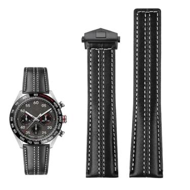 Imagem de Clouism Pulseira masculina de couro genuíno de 22 mm para relógio Tag Heuer Carrera Monaco com fivela dobrável de couro de vaca (fivela preta e preta)