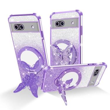 Imagem de Easyscen Capa para celular Google Pixel 7A (6,1 polegadas), com suporte de borboleta e 4 cantos de airbag, capa protetora à prova de choque de luxo com glitter para mulheres - roxa