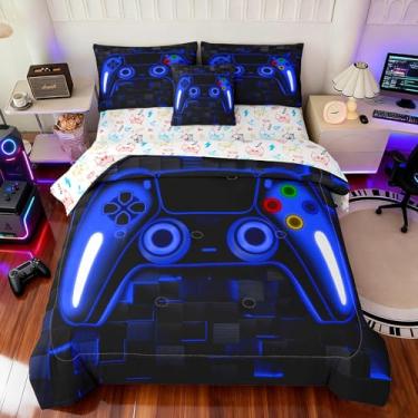 Imagem de Peopleareok Jogo de cama casal de 6 peças para meninos, design de controle de jogo azul 3D, cama completa em uma bolsa, jogo de cama de microfibra macia para crianças, todas as estações