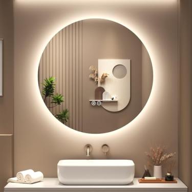 Imagem de SMIROR Espelho de banheiro redondo iluminado por LED para parede 61 cm, espelho retroiluminado com luzes, antiembaçamento, 3 cores, regulável, memória, inquebrável