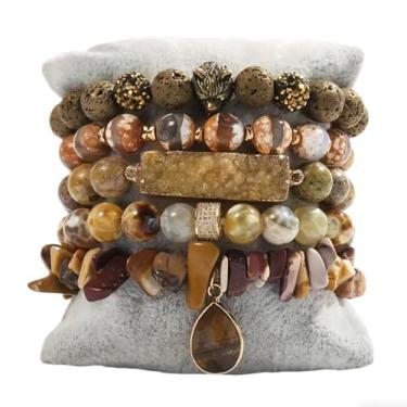 Imagem de ZOSOJONA Pulseiras femininas Boho com contas, 5 peças, contas de ágata turquesa, conjunto de pulseiras elásticas com pedra natural e cristal, pulseiras empilháveis da amizade, joias presentes para