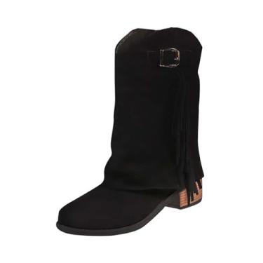 Imagem de Botas femininas casuais de cano curto com borla, material de camurça, salto redondo para conforto no inverno e estilo versátil, Preto, 39