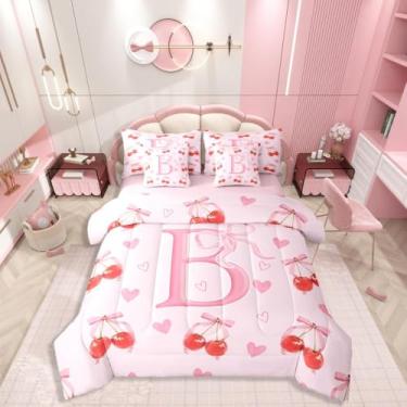 Imagem de Conjunto de cama Queen com letra B com 7 peças, laço kawaii, monograma, estilo princesa, inclui edredom, conjunto de lençol, fronhas e fronhas, decoração de quarto de coração fofo para amantes de