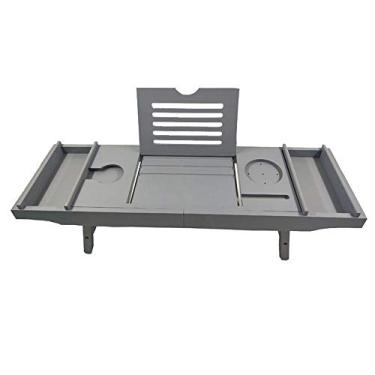 Imagem de Prateleira de banheira cinza bambu suporte de banheiro rack de banho bandeja de banho com laterais extensíveis | Suporte de taça de vinho integrado bandeja de banheira