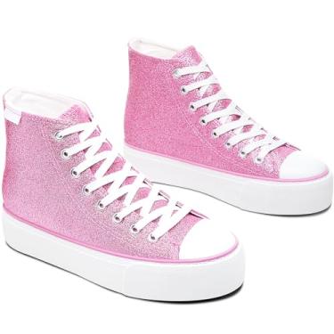 Imagem de ALTOCIS Tênis feminino de cano alto com glitter, plataforma de cano médio, com lantejoulas brilhantes, lindos e brilhantes, plataforma, sapatos de caminhada, Glitter rosa, 35