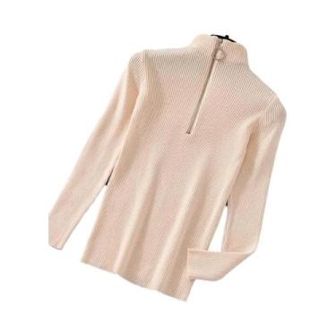 Imagem de Suéter Feminino Vintage De Tricô Com Zíper, Manga Longa, Gola Alta, Ca