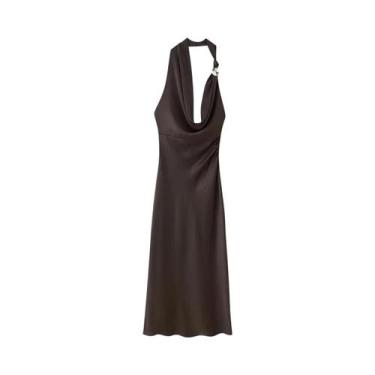 Imagem de Vestido Longo Feminino Assimétrico De Seda Acetinada Com Gola Halter E