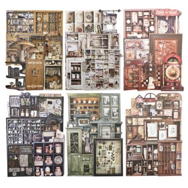 Imagem de Miyouluna Conjunto de adesivos de cartolina retrô com 60 peças, gavetas vintage e designs de cenários de prateleira – Descole e cole cartões decorativos para álbuns e molduras