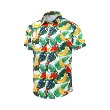 Imagem de Camisa Havaiana Masculina Com Estampa Vibrante De Papagaio E Flores, C